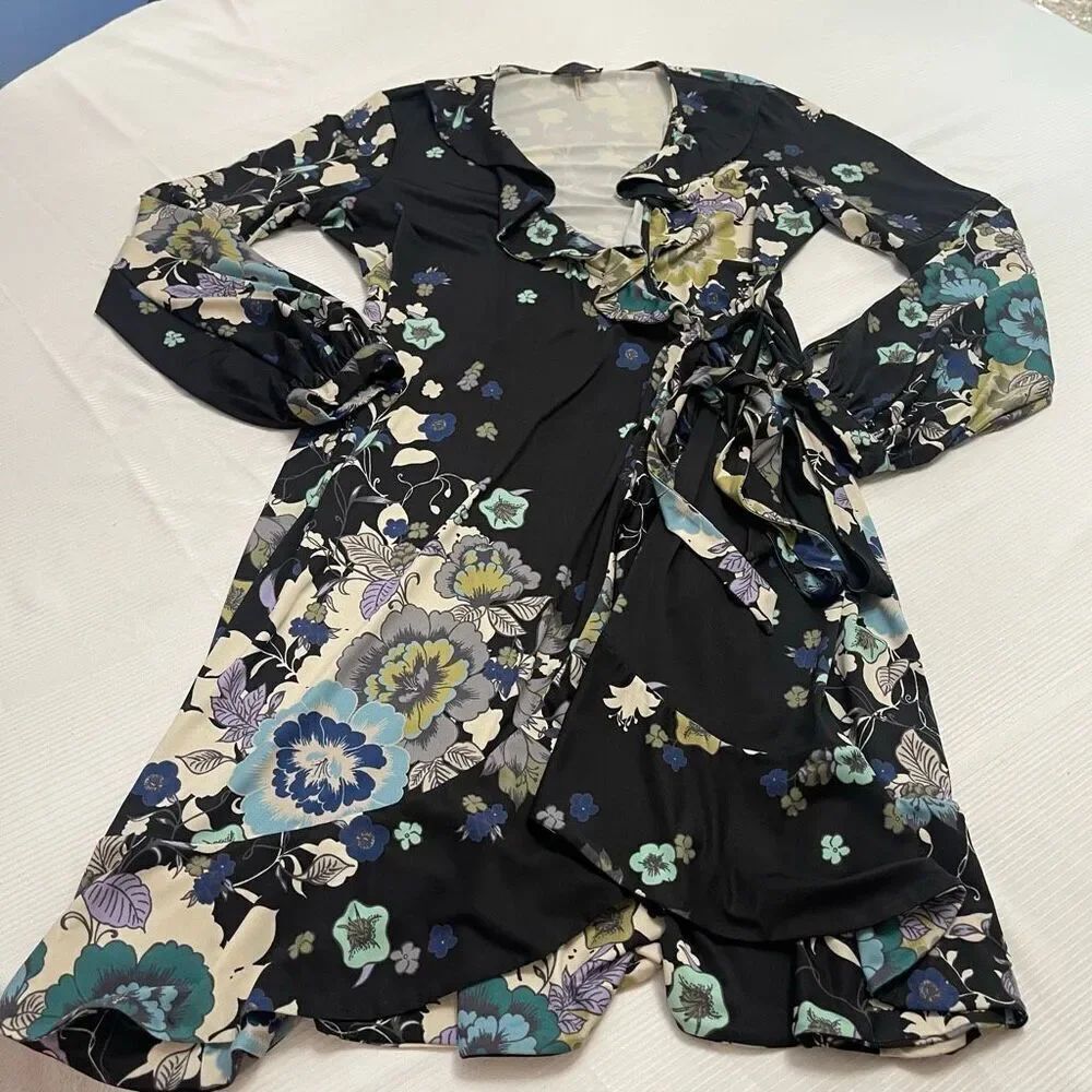 Hale Bob Black Floral Print Jersey Knit Long Sleeve Dress Size Medium